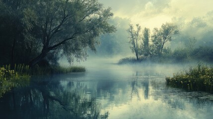Fototapeta premium Misty Morning River Scene with Silhouetted Trees