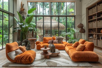 Cozy living space featuring stylish furniture and lush indoor plants for a vibrant atmosphere