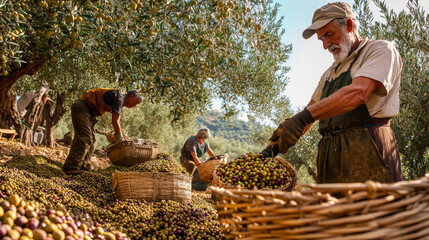 Show the process of harvesting olives, with workers picking or shaking olives from the trees.