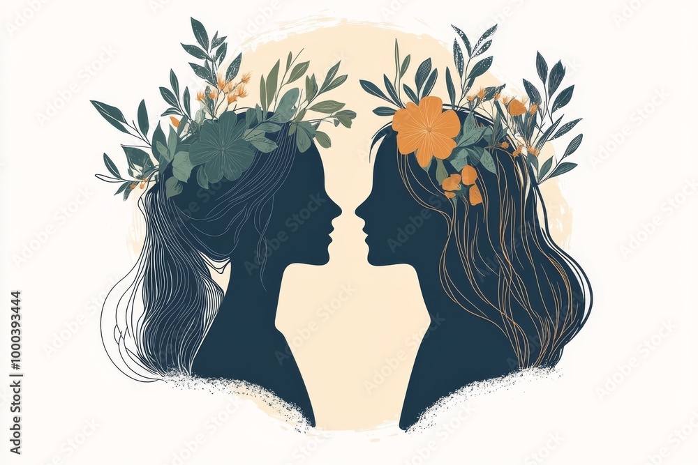 Poster artistic illustration of two faces intertwined with floral elements symbolizing human connection nat