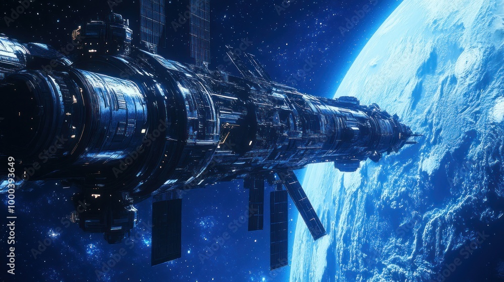 Poster futuristic space station orbiting a blue planet with stars in the background