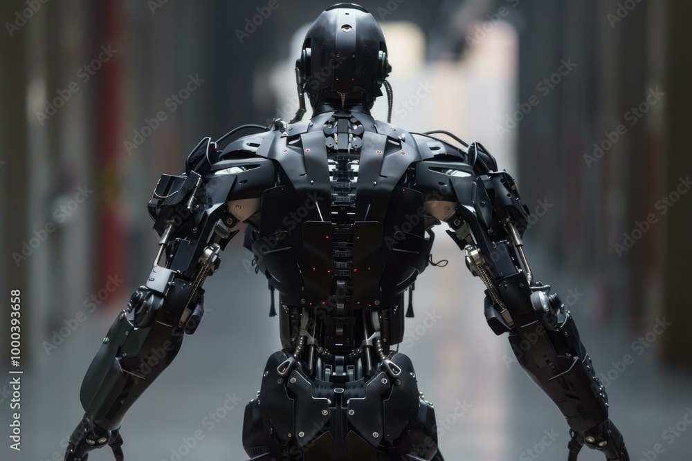Poster powerful black robot is standing guard in an industrial setting, its imposing presence commanding at