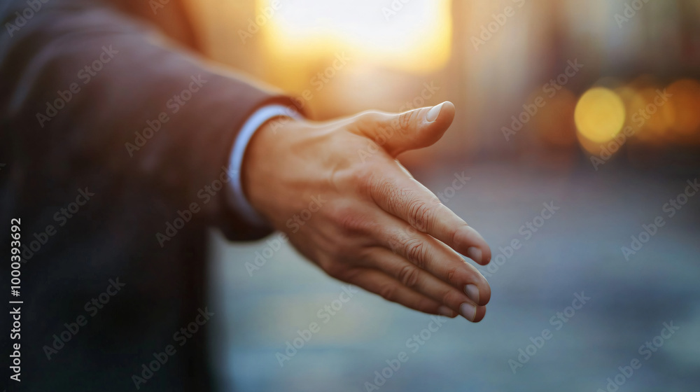 Poster man in a business suit is reaching out for a handshake in an outdoor environment