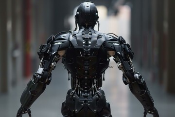 Fototapeta premium Powerful black robot is standing guard in an industrial setting, its imposing presence commanding attention