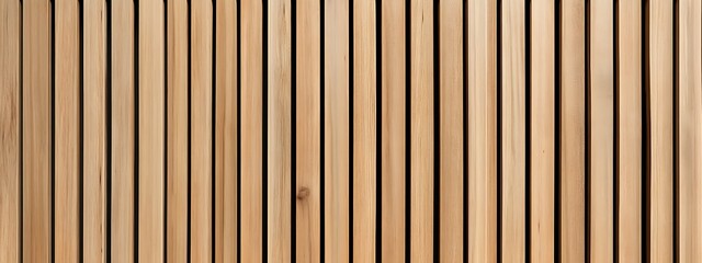 Naklejka premium Wall made of wooden panels. Vertical wooden slats for facade cladding. Timber stripes made of beige pine. A modern plank surface for interior and exterior design. 