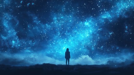 Fototapeta premium Silhouette of a Person Standing Under a Starry Night Sky