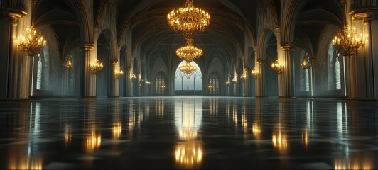 Obraz premium A Gothic hall of mirrors, with ornate arches, chandeliers, and a reflective floor