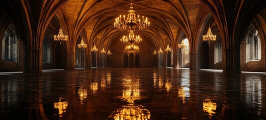 Fototapeta premium A Gothic hall of mirrors, with ornate arches, chandeliers, and a reflective floor