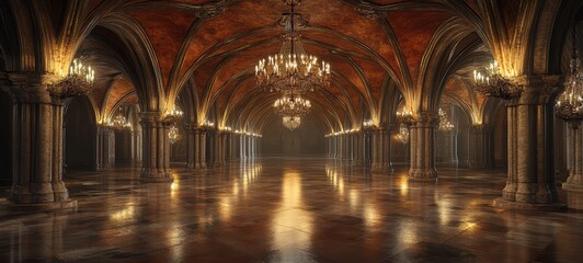 Obraz premium A Gothic hall of mirrors, with ornate arches, chandeliers, and a reflective floor