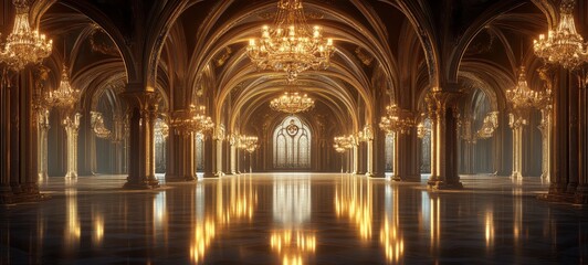Obraz premium A Gothic hall of mirrors, with ornate arches, chandeliers, and a reflective floor