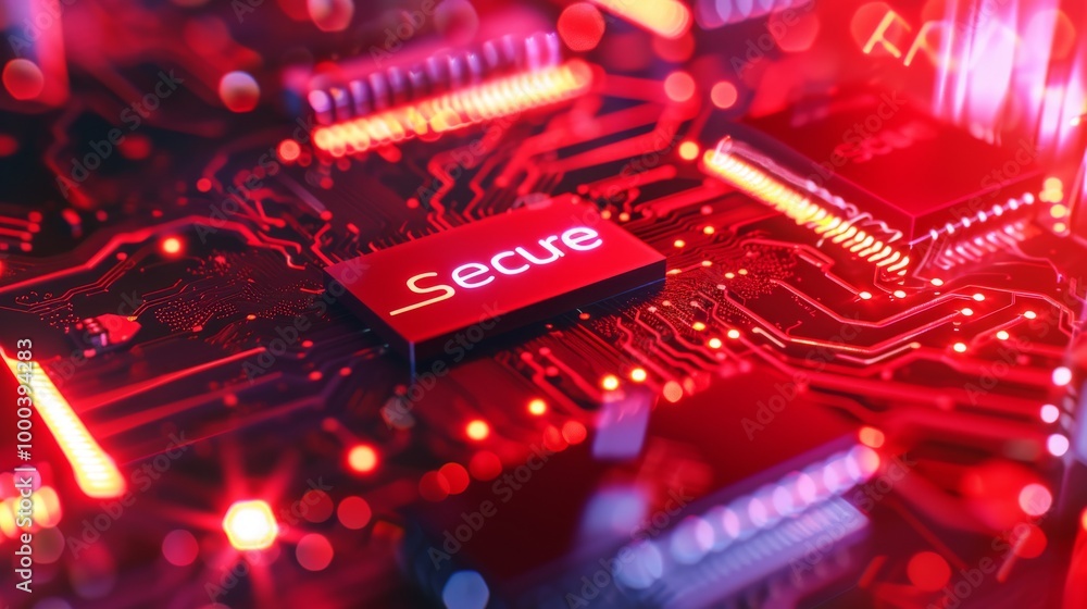Poster a secure microchip glows in red, surrounded by intricate technology circuits. the vibrant lighting a