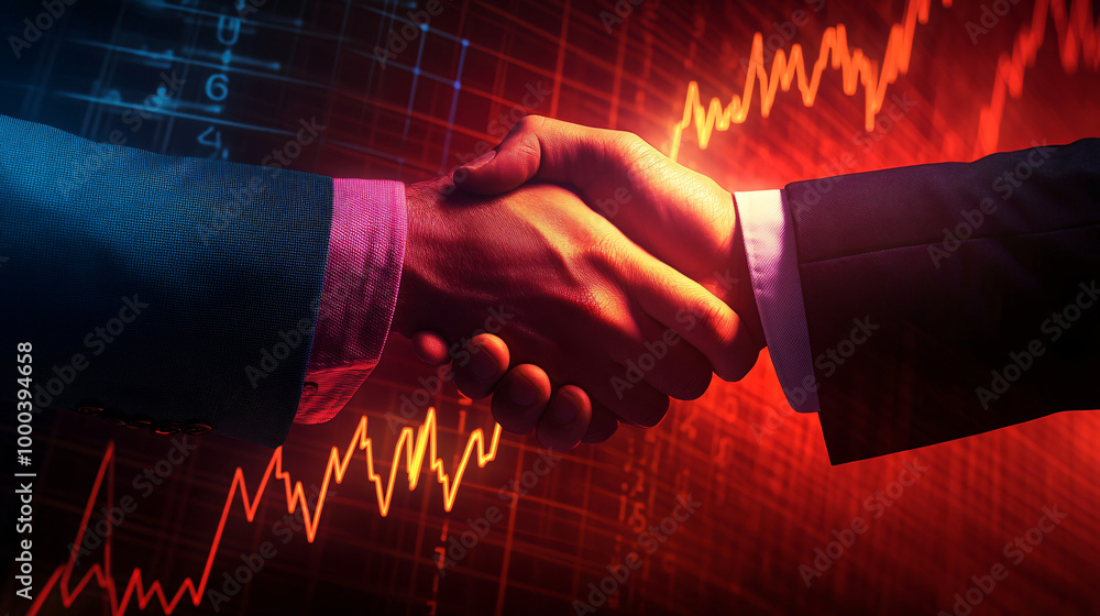 Poster two executives in agreement shaking hands with a red stock market chart displayed on a digital scree