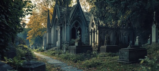 Obraz premium A Gothic mausoleum, with elaborate carvings and towering stone pillars