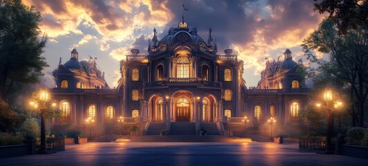 A Gothic opera house, with grand, detailed facades, arched windows, and dramatic lighting