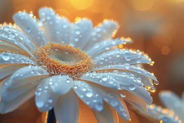 Close up of white daisy petals with dew drops showcasing delicate morning beauty and freshness