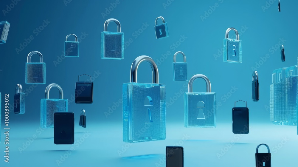 Poster a creative digital image illustrating cybersecurity with floating transparent locks and smartphones.