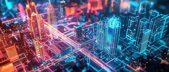 Fototapeta premium Abstract cityscape with neon glowing lines and futuristic architecture.