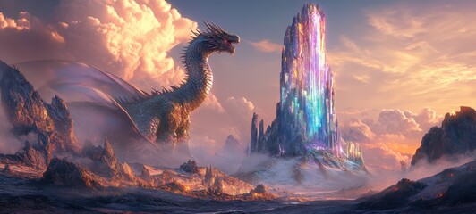 A grand dragon coiling around a towering, crystalline spire