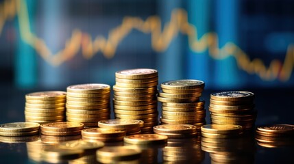 Golden Coins Stacked on a Reflective Surface with a Blurred Stock Market Chart in the Background