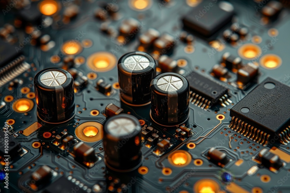 Poster close up of electronic circuit board featuring radio components and chip processor from device