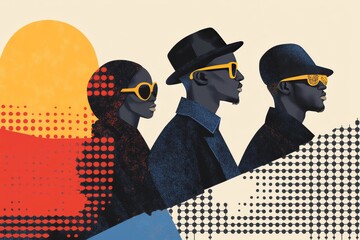 Abstract silhouettes of fashionable men and women against a sunset symbolizing urban style individuality and cultural expression in a bold modern composition