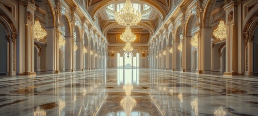 Obraz premium A grand, empty palace hall, with ornate architecture and chandeliers perfectly reflected in polished marble floors