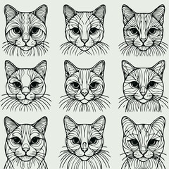 Obraz premium black and white pet line art pattern with cats set of cats