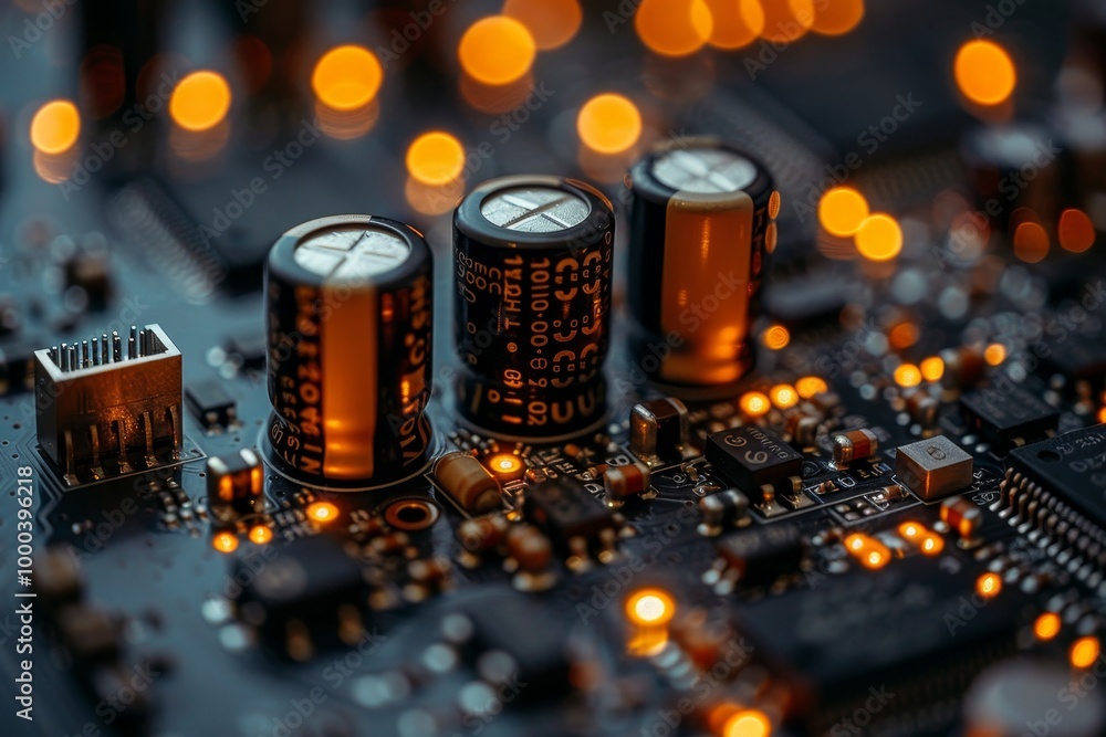 Poster close up view of electronic circuit board featuring radio components and chip processor
