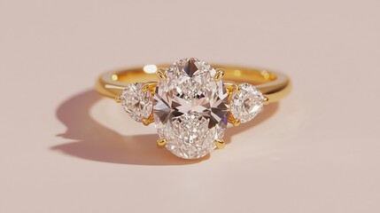 Elegant oval cut diamond engagement ring in yellow gold with side stones against a soft pink background
