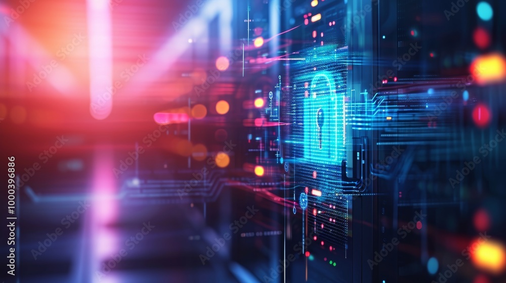 Poster a glowing digital padlock integrated into a circuit board, symbolizing cybersecurity and data protec