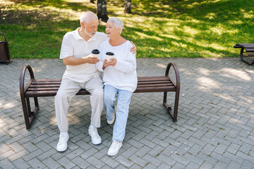 Wide shot portrait of happy elderly couple enjoy conversation in park, surrounded by nature, while taking coffee break and making cherished memories on beautiful summer day, embodying love, happiness