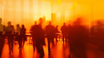 Fototapeta premium Abstract scene of silhouettes moving in a modern office environment, bathed in warm orange light. The motion blur suggests a fast-paced corporate or business atmosphere during sunset.