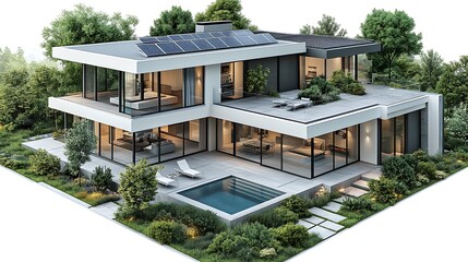 Fototapeta premium Modern 3D illustration of a luxury house with a swimming pool and solar panels