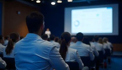 Doctors listening to a presentation in a conference room.