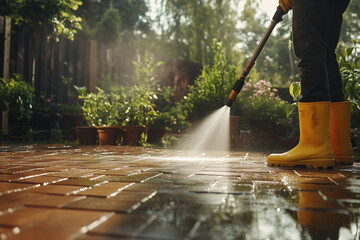 Person in yellow boots power washing a brick patio on a sunny day.