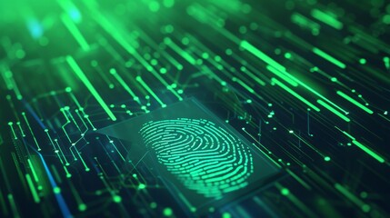 A digital fingerprint displayed on a futuristic green interface with intricate circuit patterns. This image illustrates cutting-edge technology, security, and data protection, ideal for topics on