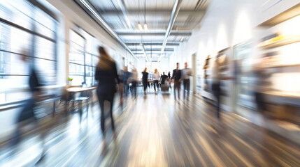 Business people are walking in a modern office corridor with motion blur effect