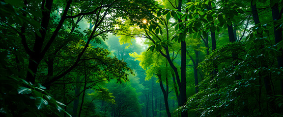 Obraz premium Sunlight Through Dense Forest Canopy.