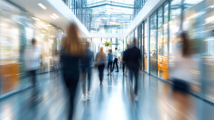 Business people are quickly walking in a modern office corridor with motion blur