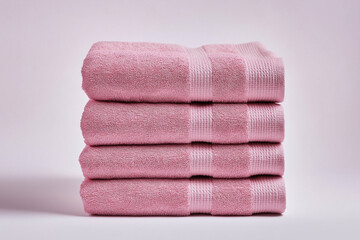 Bright Pink Stack of Folded Towels, Hotel Linen Supplies, Soft, Cotton, Fresh, Luxury, Bathroom Essentials. Hotel amenities concept.
