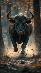 Powerful Bull Running Through Forest with Dust Clouds