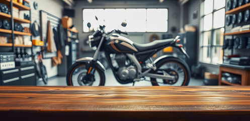 Fototapeta premium Wooden table in garage with motorcycle background.