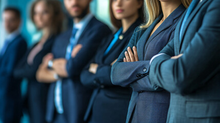 Team of professionals standing with arms crossed, displaying determination and unity