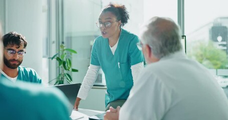 Presentation, meeting and team of doctors in hospital for discussion on surgery in boardroom. Talking, seminar and group of healthcare workers with medical collaboration in clinic conference room.