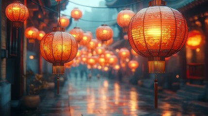 Obraz premium Rainy street in China decorated with red lanterns for the Chinese New Year