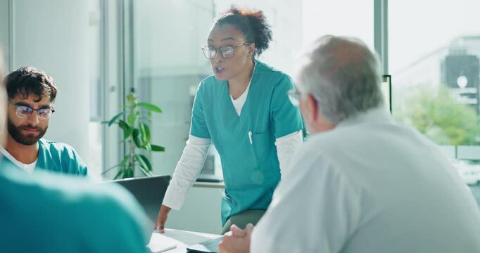 Presentation, meeting and team of doctors in hospital for discussion on surgery in boardroom. Talking, seminar and group of healthcare workers with medical collaboration in clinic conference room.