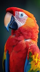 Fototapeta premium Close-up of Vibrant Scarlet Macaw Displaying Colorful Feathers and Intricate Details in Tropical Environment