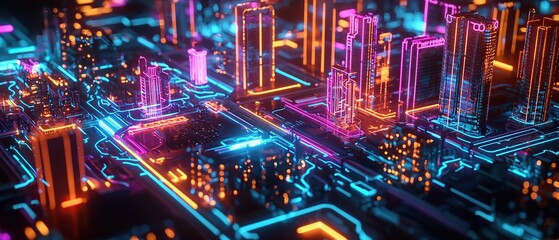 Obraz premium Futuristic city skyline rendered with neon lights and circuit board texture.