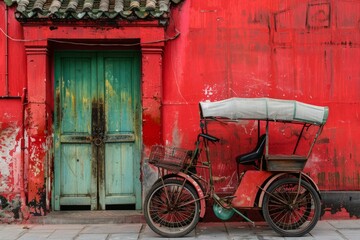 Old cyclo parked in front of a red facade and a green door in hanoi old town, vietnam