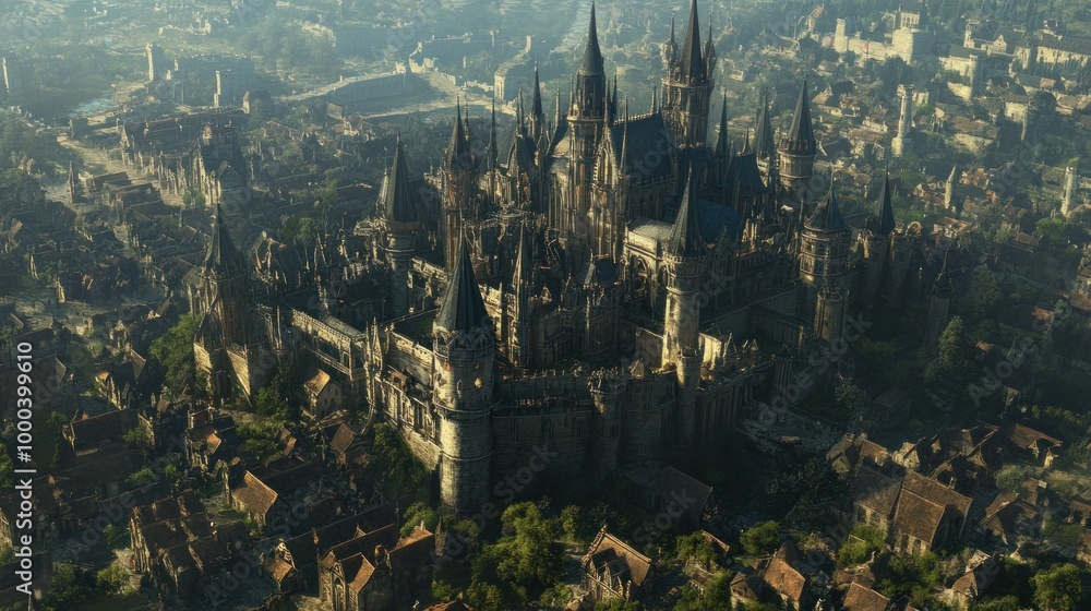 Wall mural Aerial View of a Large, Gothic Castle in a Medieval City